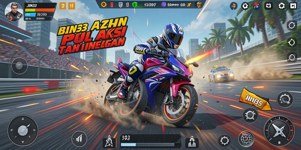 Screenshot gameplay JIN33 menampilkan aksi balapan motor yang memukau.